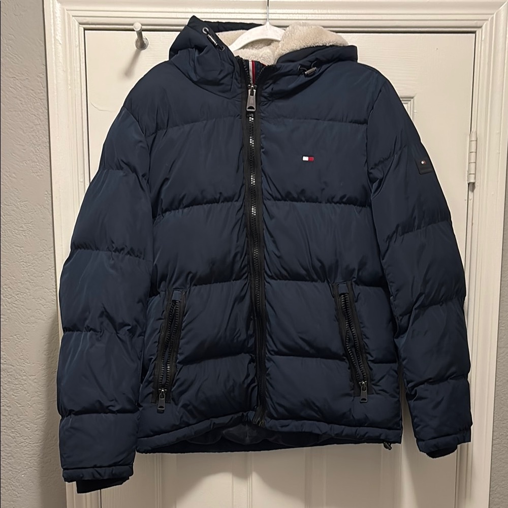 Tommy Hilfiger Blue Puffer Jacket with Hood and Quilted Design